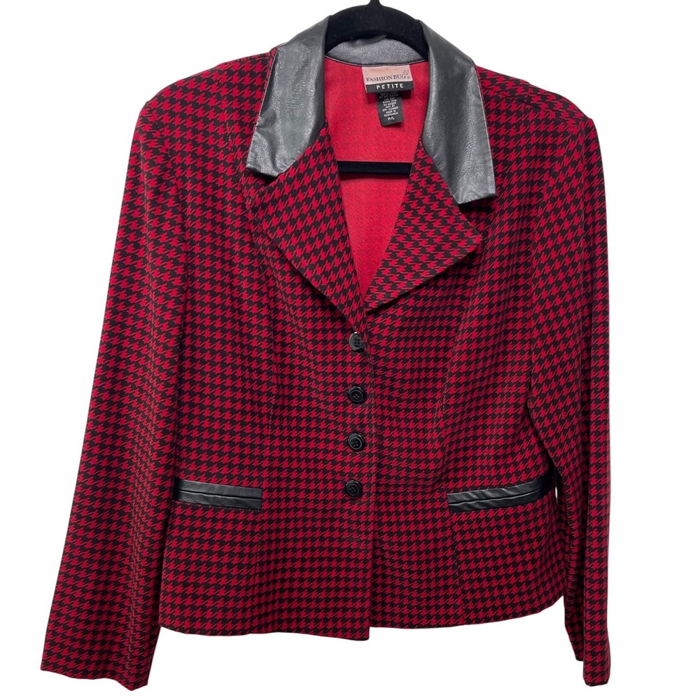 Vtg Fashion Bug Blazer Houndstooth‎ Faux Leather Office Siren Dark Academia PL